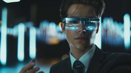 Businessman Using Futuristic Augmented Reality Interface, Digital Technology and Innovation in Corporate Workflow Concept