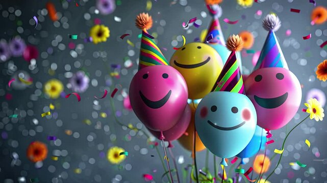 World Emoji Day Concept. Colorful balloons with a happy emoji face smiley. Emoji Celebration. World smile day emojis. World mental health day. World Laughter Day. Joyful mood. Copy space. 4K Videos