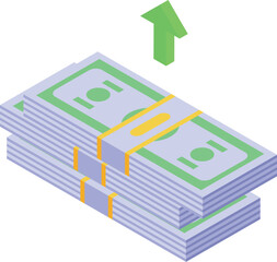 Stack of money increasing with green up arrow, illustrating financial growth and business success