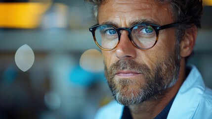 A serious-looking man with a beard and glasses, dressed in a lab coat, gazing seriously at the camera, with a blurred background of scientific equipment.