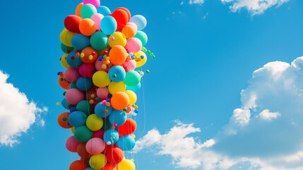Team building the tallest balloon tower, bright colors and cooperative energy, left third copy space