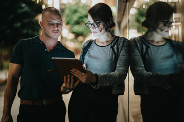 Two business professionals collaborating at night using a tablet outdoors. Evening work meeting in an urban setting.