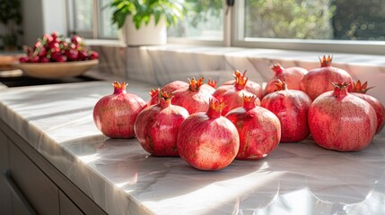 Fresh pomegranates illuminated by sunlight on a white marble kitchen counter. This image captures the essence of natural light, showcasing the vibrancy and appeal of healthy eating.
