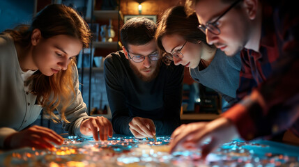 Team solving puzzles to escape a room, intense focus and teamwork, left third copy space