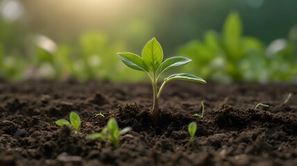 A young plant growing in a field, Amidst the beauty of the countryside.