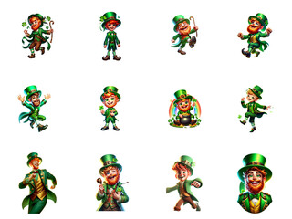 A collection collage of lucky, happy leprechaun characters showcases their cheerful expressions, green attire, and pots of gold, creating a whimsical and festive scene filled with charm and joy.