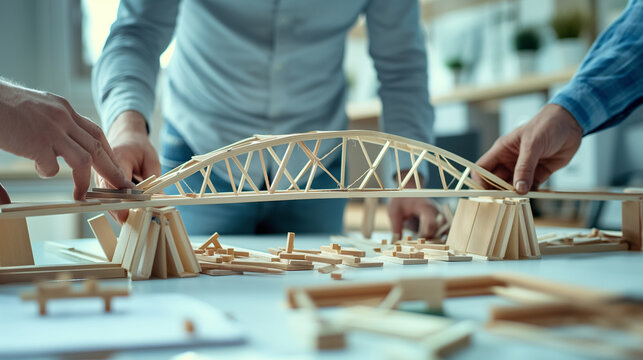 eam constructing a bridge out of materials, collaboration and problem-solving, left third copy space