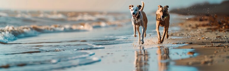 Two Dogs Running Joyfully Along Beach Shoreline

