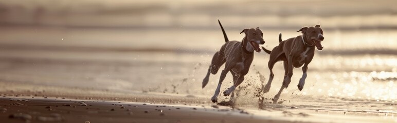 Two Dogs Running Joyfully Along Beach Shoreline
