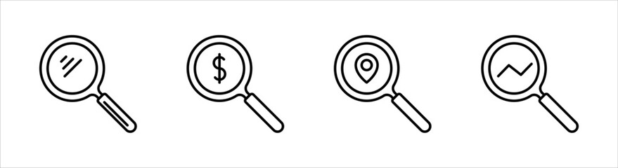 Magnifying glass icon set, magnifier or loupe sign, Search icon, on a white background.
