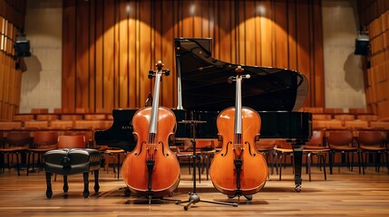 Classical music instruments like violin, cello, and grand piano arranged elegantly in a concert hall