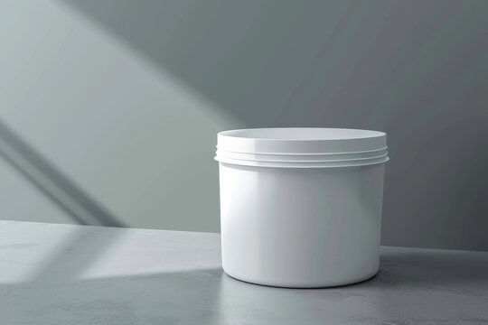 Mockup of a cosmatic plastic jar with no label and blank lid, on off-white concrete surface in front of gray wall.
