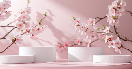 Minimalistic display with pink cherry blossoms and white round podiums.