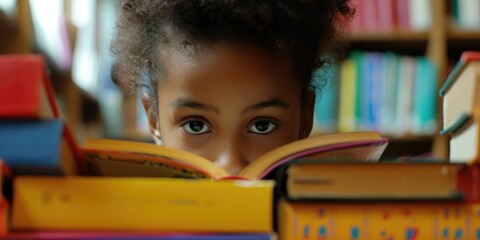 Close up of attractive child reading a book while looking at camera. Elementary student holding fairy tale novel book or bedtime stories surrounded by various book. Creative activity concept. AIG42. © InfiniteFlow