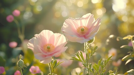 Fototapeta premium The image of two delicate flowers leaning towards each other in a garden, their petals gently touching in a natural expression of love, celebrating the spirit of World Kissing Day, in high-definition