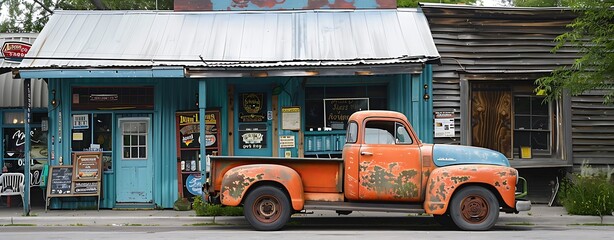 Obraz premium A vintage truck parked in front of a roadside diner, the honky-tonk music spilling out onto the street, inviting passersby to join the fun.