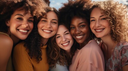 Obraz premium Group of 5 multiracial smiling young women with curly hair Celebrate diversity and friendship