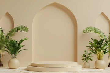 3d render podium with islamic arches and decoration