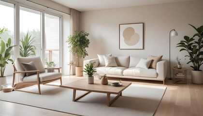 Fototapeta premium Frame mockup, ISO A paper size. Bedroom poster mockup. Modern interior design. Living room Interior mockup with house background. 3D render