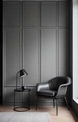 Grey wall panels and a black side table in minimalistic interior design composition.
