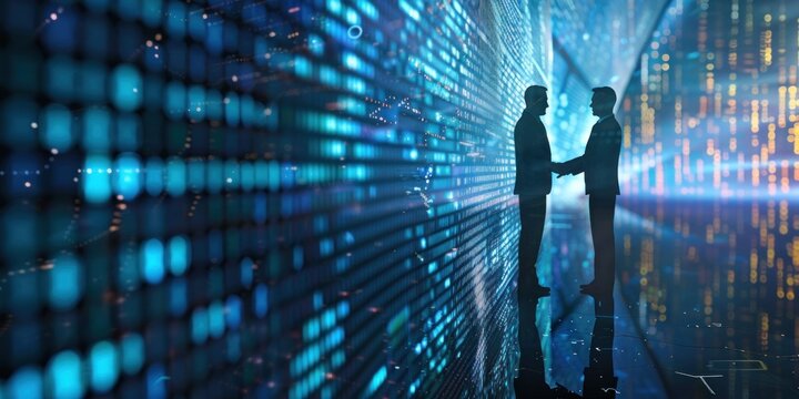 Businessmen shake hands with digital alliance machines on commercial cyber technology background. network security