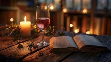 Cozy scene with wine, candles, and an open book