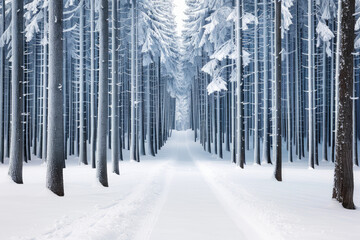 The photo shows snow-covered trees in a forest