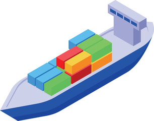 This isometric illustration features a cargo ship transporting colorful intermodal containers, representing global trade and logistics