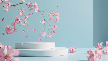 3D rendering of white round podium with pink cherry blossom.