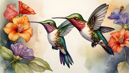 Obraz premium Hummingbird and flowers watercolor background Tinny bird fly in jungle. Seamless pattern with floral romantic elements