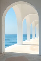 A long, narrow hallway with white pillars and a blue sky in the background. The hallway is empty and the only person visible is a shadow on the wall