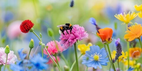 The Vital Role of Pollinators Bee Pollinating Colorful Flower in Field. Concept Pollinator Conservation, Bee Populations, Flower Pollination, Biodiversity Protection