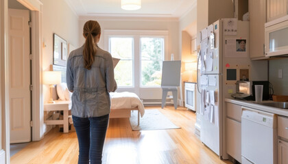 Students and parents setting up dorm rooms with personal touches and essentials, making the space cozy and functional, highlighting the teamwork and excitement of college preparations