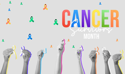 Awareness banner for Cancer Survivors Month with hands holding ribbons