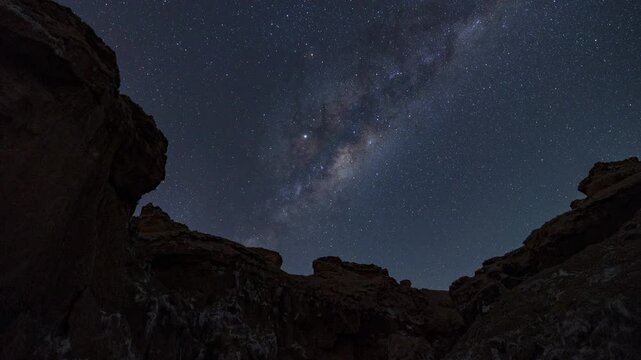 Time Lapse Tilt Up Shot Of Tranquil Rock Formations Under Shiny Stars From Day To Night - Atacama Desert, Chile