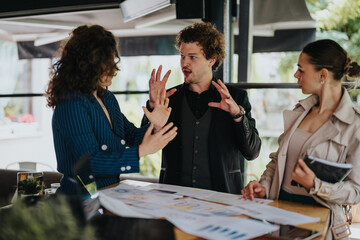 Young business partners collaborating on project plans and analyzing data at an urban coffee bar....