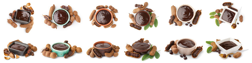 Collage of tasty tamarind jam in bowls on white background