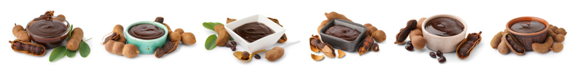 Set of tasty tamarind jam in bowls on white background