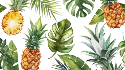 Handdoek met foto Jungle Watercolor pattern with pineapple and leaf isolated on a transparent background  © MONWARA