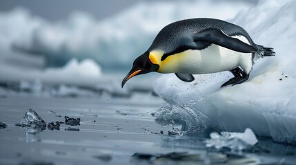 Emperor Penguin Preparing to Dive into Icy Waters
