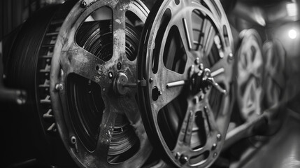 Obraz premium Black and white photo of a movie projector. Rolls of black and white film. Old style cinematography. Celluloid film spool. Vintage camera stock. Nostalgia.