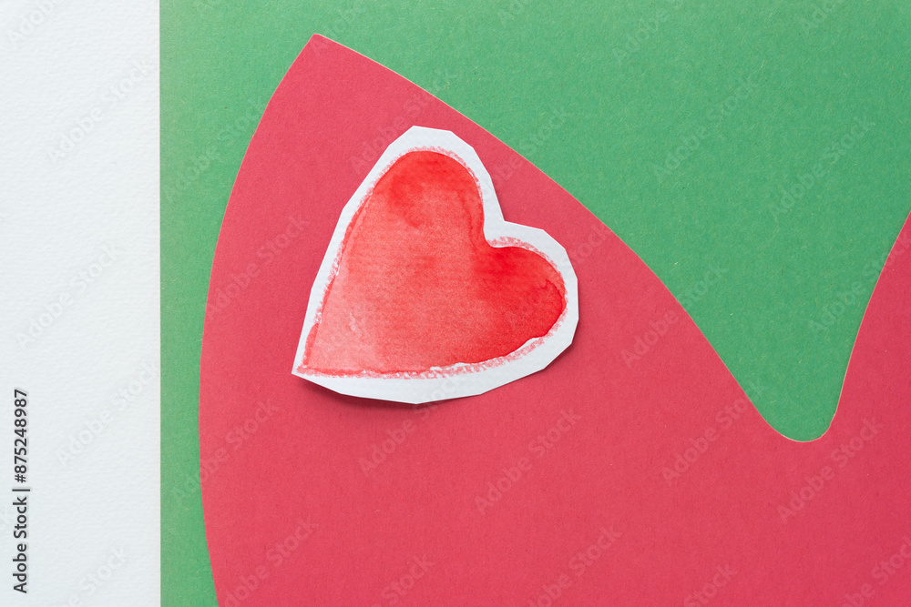 Sticker simple paper heart on geometric red green and white paper