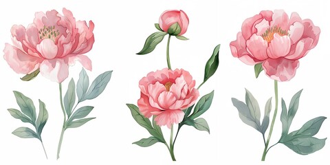 A series of peony flowers with green leaves and pink petals, watercolor on white background