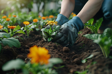 Fototapeta premium concept of outdoor activities, Gardening, A person working in a garden, planting flowers, vegetables, or herbs. Show the connection to the earth and the satisfaction of nurturing plants