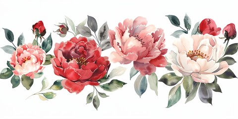 A series of peony flowers with green leaves and pink petals, watercolor on white background