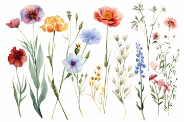 Set of field flowers with a variety of colors and sizes. The flowers are arranged in a way that creates a sense of harmony and balance