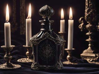 A dark, gothic-inspired perfume bottle with ornate details, placed on a black velvet cloth. The background features candles and a mysterious, dimly lit room.