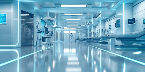 Obraz premium Futuristic Hospital Room Advanced blurred background image of a futuristic hospital room with robotic assistants, digital health monitoring, and a clean, high-tech environment. 