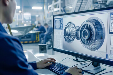 engineer using mechanical design software, background with engineers and digital blueprints in factory
