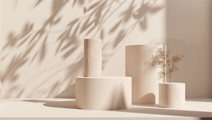 3D rendering of a white marble product pedestal with green leaves.